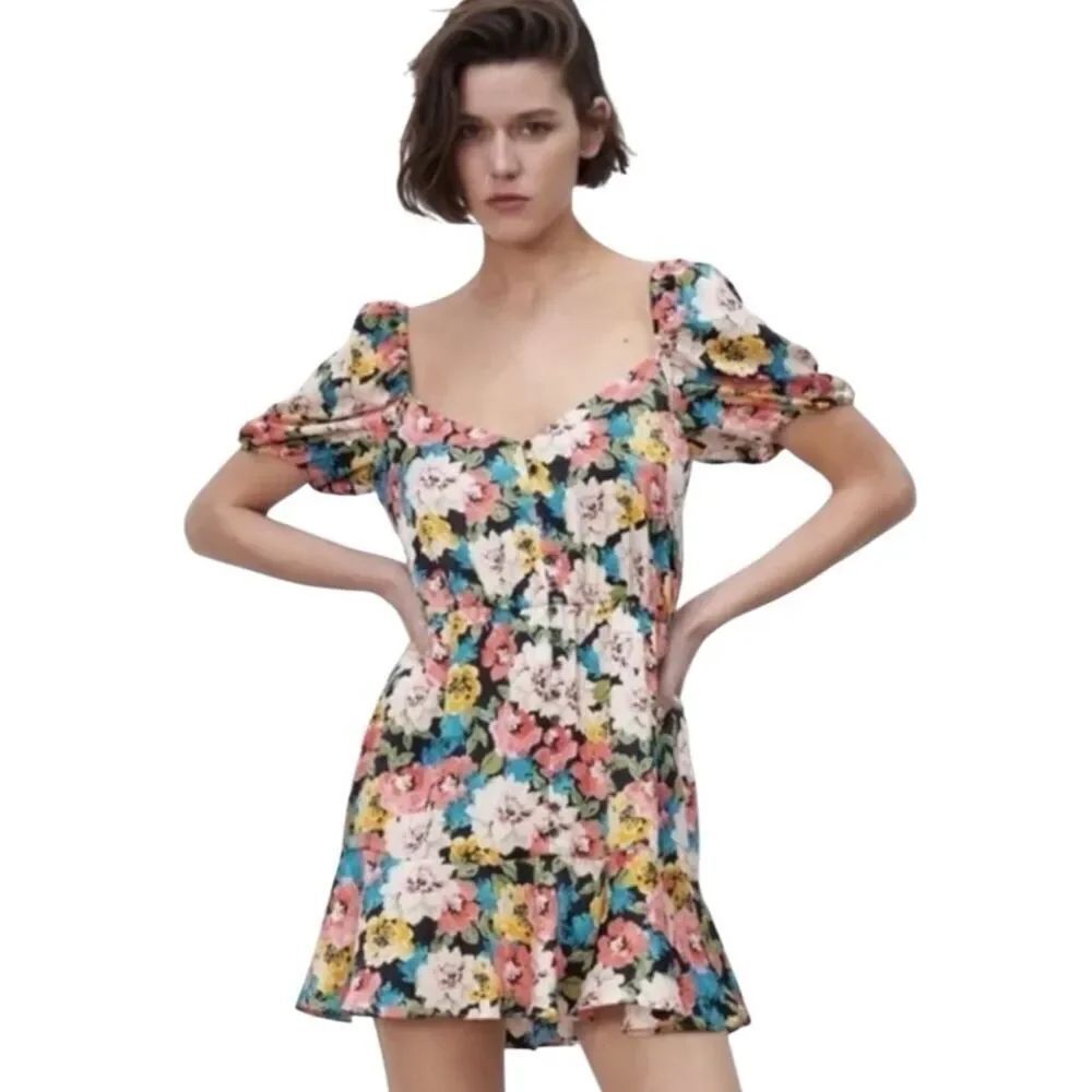 Zara floral print puff sleeve mini dress size small